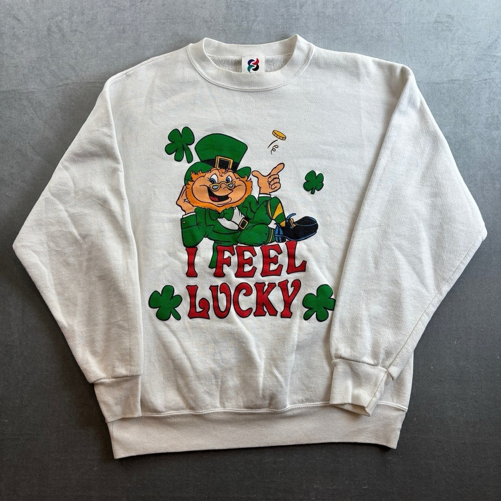 Vintage Signal Artwear I Feel Lucky Crewneck Sweatshirt White‎ Men's Large